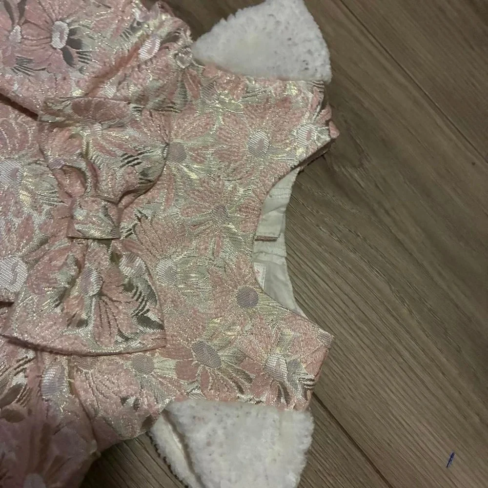 Unbranded Floral Brocade Dress Women Pink New Faux Fur Trim Bow Metallic Daisy
